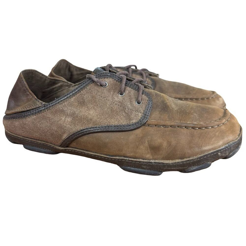 Olukai Kupa'a Kupaa Brown Suede Leather Nubuck Lace Up Drop Heel Shoes sz 11.5